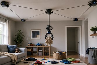 Photo Stropný robot uprace hračky a oblečenie rozhádzané na dlážke v domácnosti 
